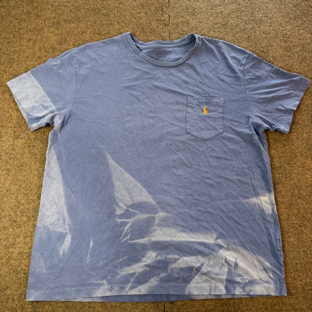 fade Polo Ralph Lauren Mens Blue Sun Faded Pocket T-Shirt Orange Pony Logo Large